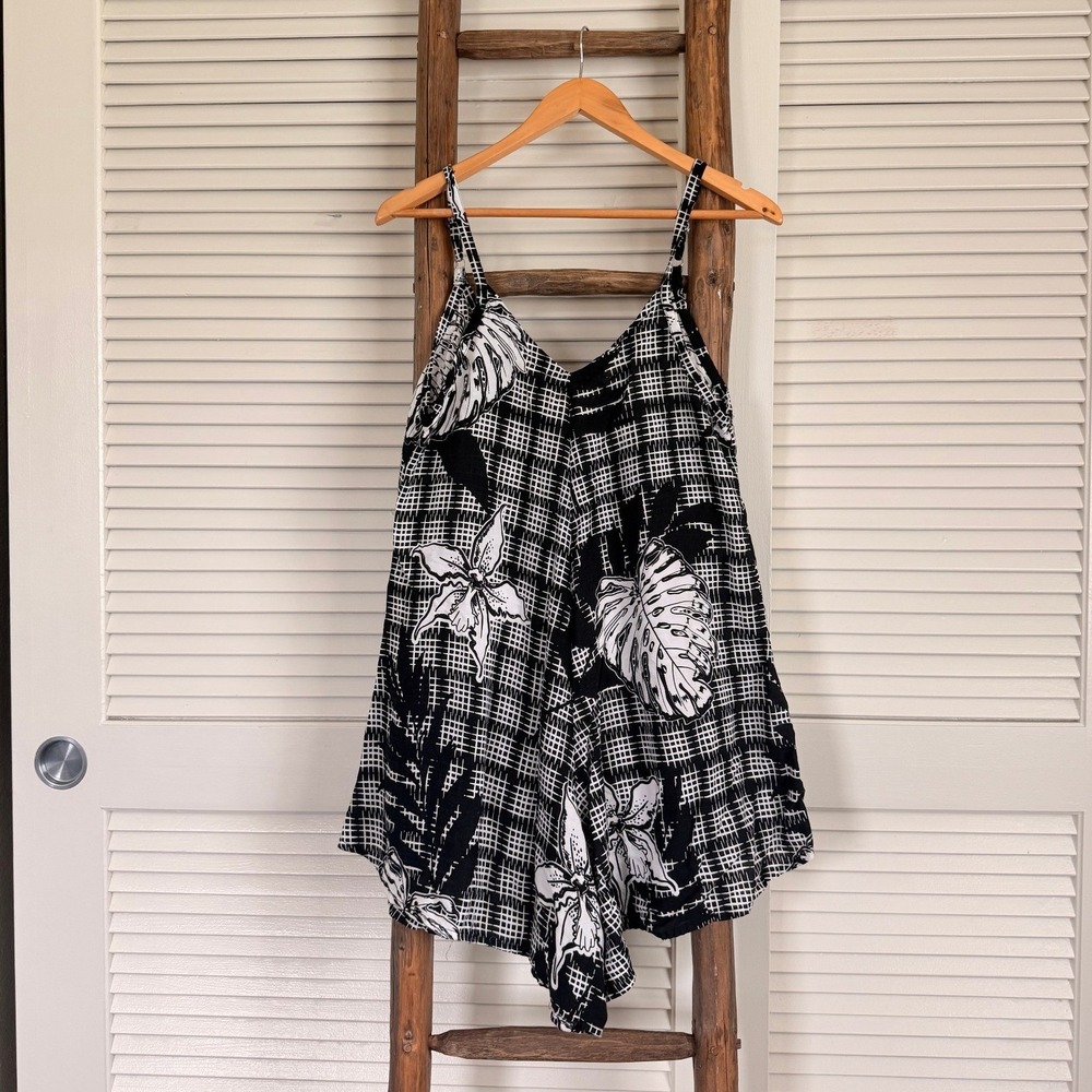 Hula Bay Romper XL-15 Black White Tropical Floral Grid Print V-Neck Sleeveless